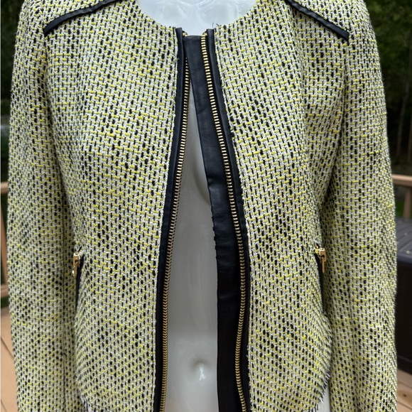 Juicy Couture Yellow/Green Tweed Jacket front zip faux leather trim size small - Picture 11 of 13